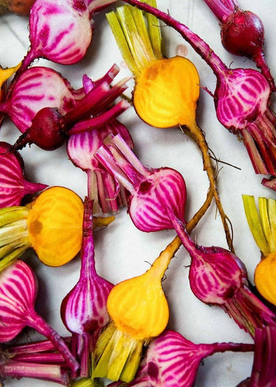 Colorful baby beets arranged on a white surface
